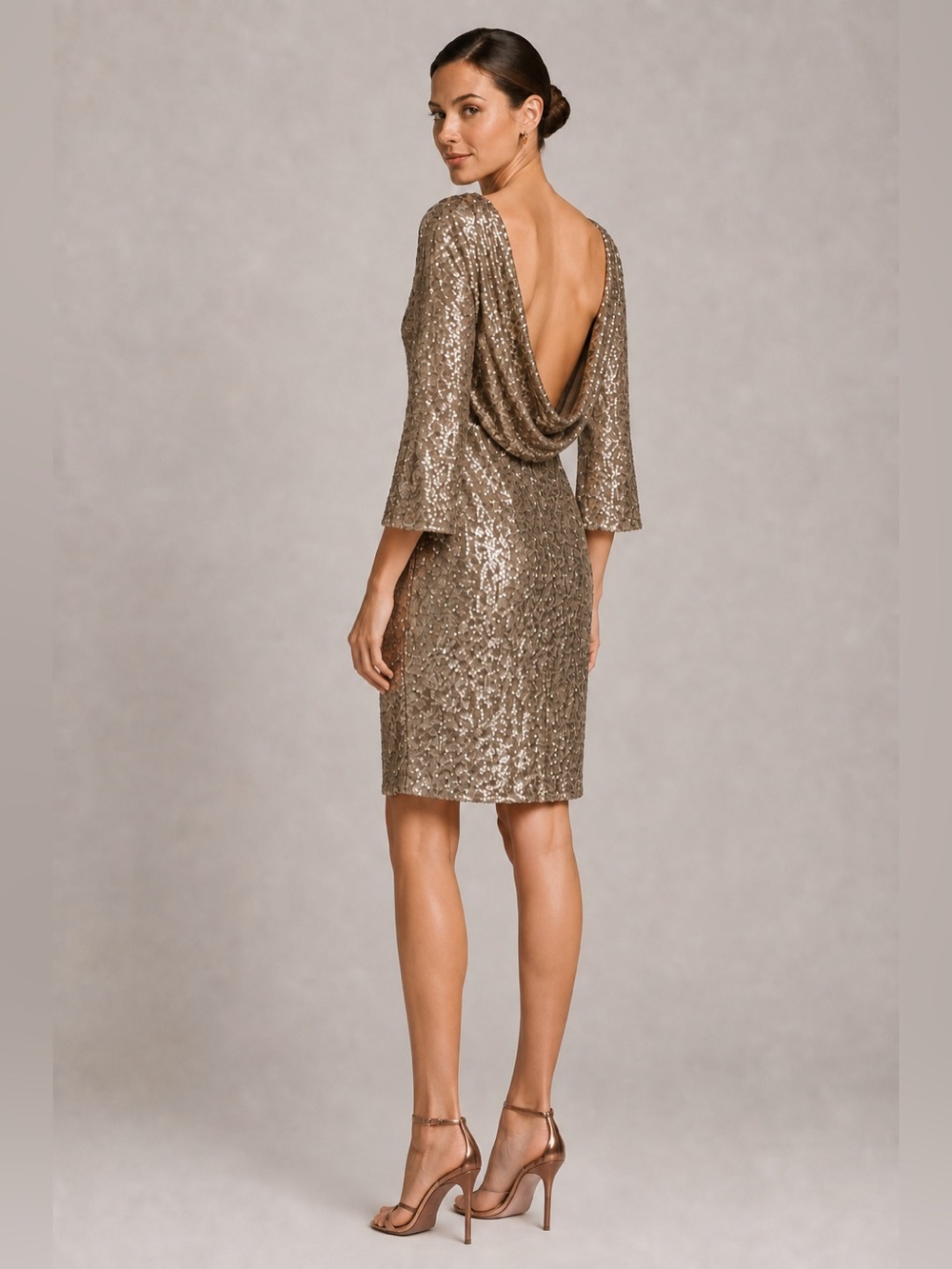 Belle Badgley Mischka Gold Bronze Sequin Cowl Back Cocktail Dress Size 12